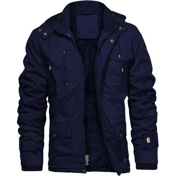 Mens Navy Thick Winter Jacket Hooded Fleece Lined Cotton Military Coat - Picture 1 of 6